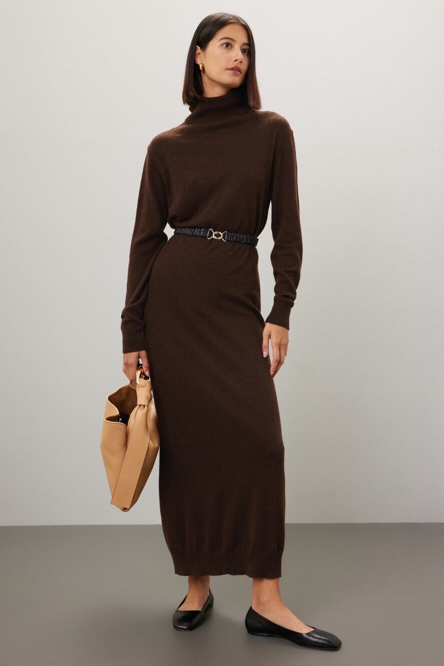 Pietro Brunelli Milano Brown La Salle Wool Blend Turtleneck Sweater Maxi Dress S